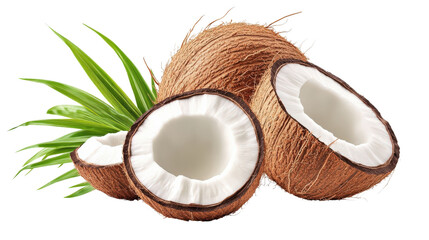 Fresh coconuts with green leaves, showcasing their rough brown shell and white flesh, evoke tropical vibe. Perfect for culinary and natural beauty uses