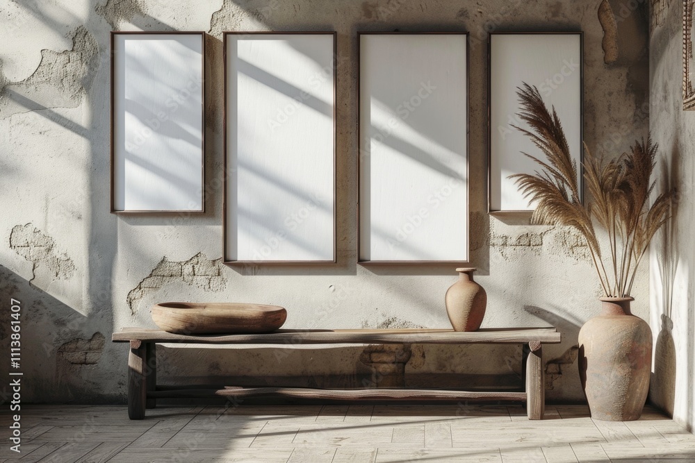 Poster room with a white wall and a wooden bench. the bench is empty and there are three empty picture fram