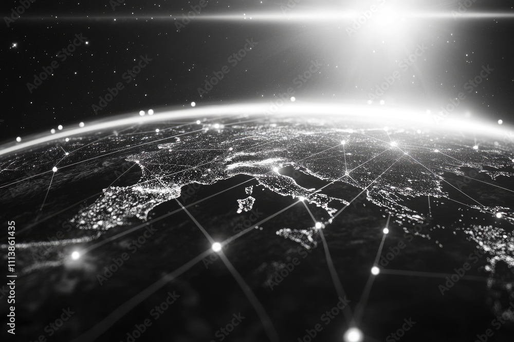 Aufkleber black and white photo of the earth with a network of lines connecting the continents. concept of int