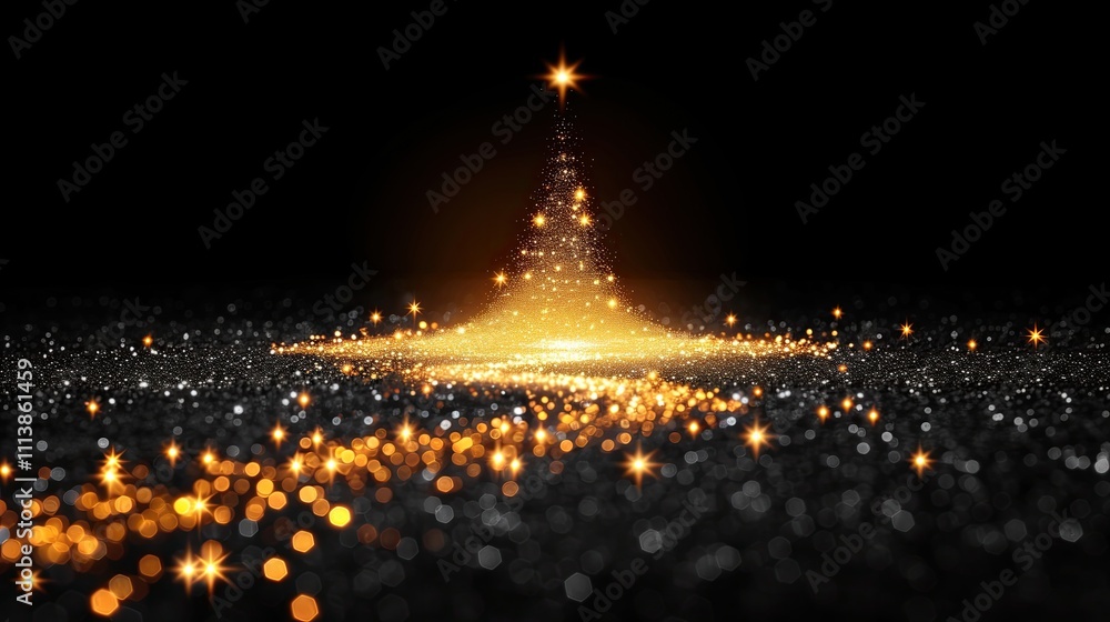 Poster glittering golden christmas tree created with sparkles and stars on a dark background designed for f