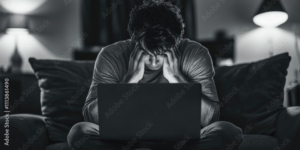 Aufkleber man is sitting on a couch with a laptop in front of him. he is looking at the screen with a look of 