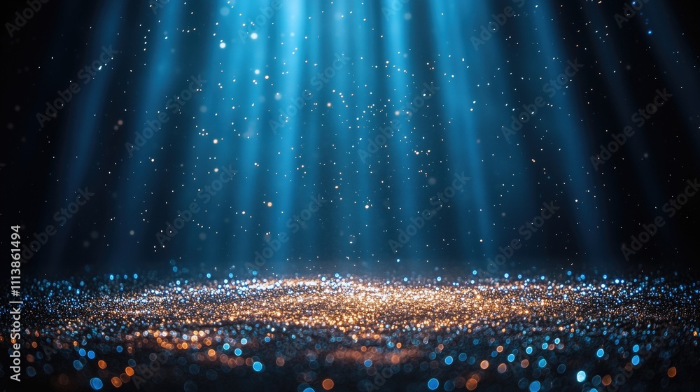 Poster glowing particles in soft blue light illuminate a sparkling surface creating a magical atmosphere pe