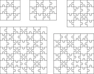 Illustration of five white puzzles, separate parts	