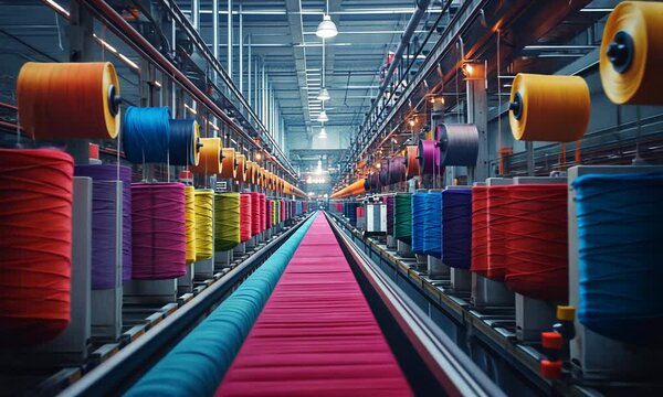 A vibrant textile factory interior showcasing colorful spools of thread along a conveyor belt.