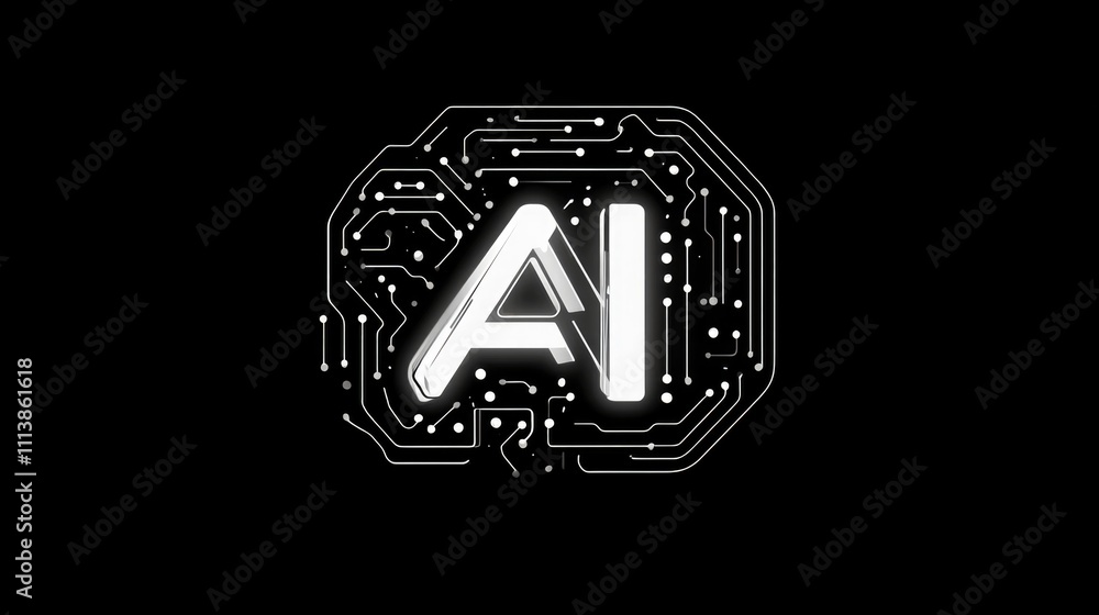 Poster black and white image of a brain with the letters ai on it. the image has a futuristic and technolog