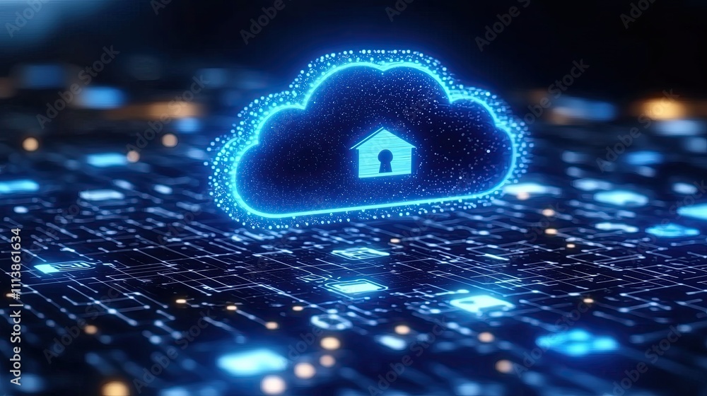 Poster secure data storage concept with cloud technology and digital protection symbol in bright blue color