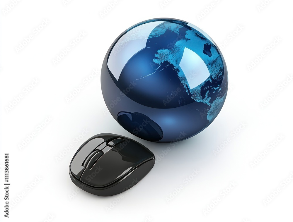 Poster global network connection, computer mouse and earth globe.