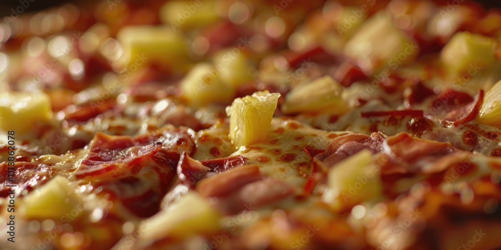 Poster close up of a pizza with pineapple and ham toppings. the pizza is covered in cheese and has a slice 
