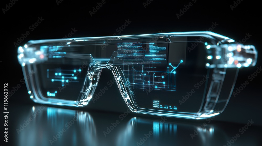 Poster futuristic augmented reality glasses displaying digital information and data.