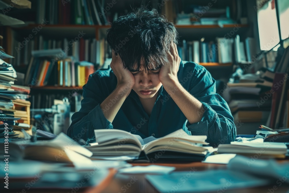 Aufkleber man is sitting at a desk with a pile of books and papers in front of him. he is looking at a book an