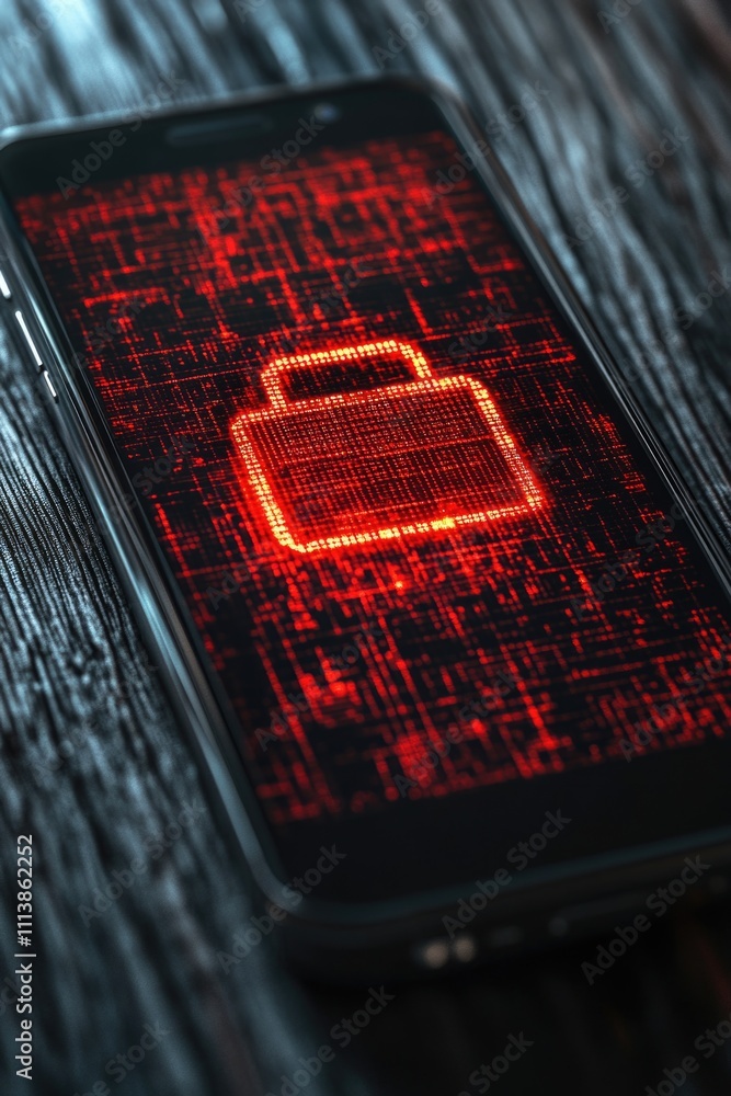 Aufkleber phone screen shows a red lock with a red background. the lock is glowing and he is on fire. scene is