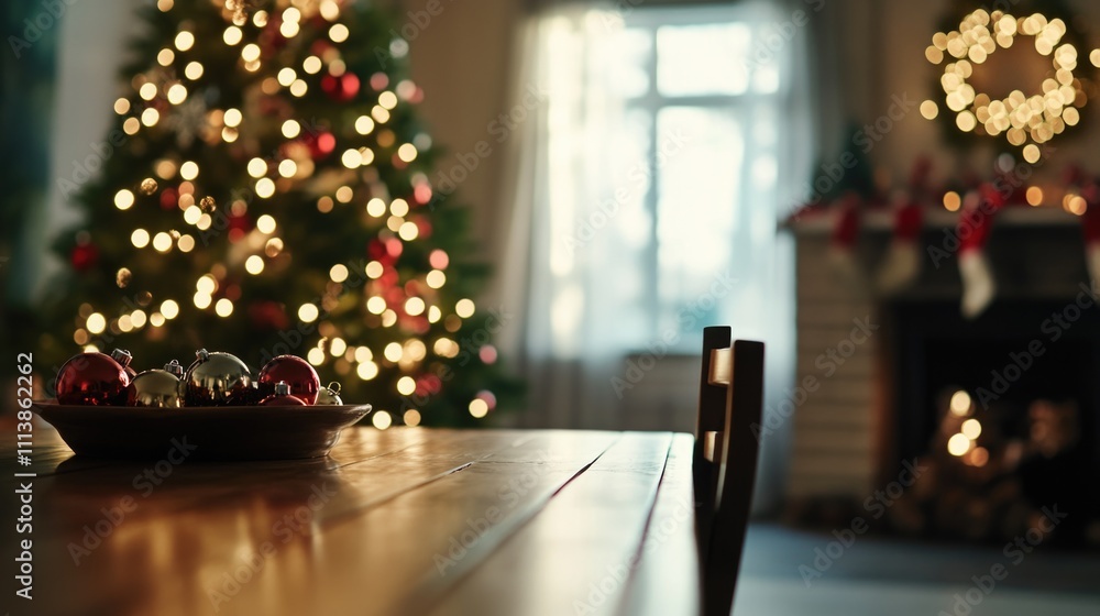 Poster christmas tree is lit up with lights and ornaments. a table is set with a bowl of ornaments and a pl