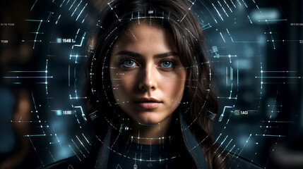 Futuristic Face scanning system with many circular thin lines in front of a caucasian Woman face with long brown hair and blurry dark background