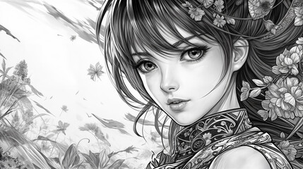 Drawing in black and white Manga style of a young Girl Face with black hair and intense eyes looking to the camera on an abstract asian flowers background