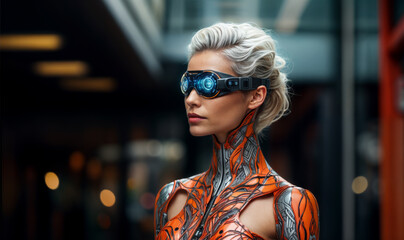 Profile portrait of Cyborg Woman with short grey hair and orange carbon futuristic body suit wearing connected visor with a blurry dark room background