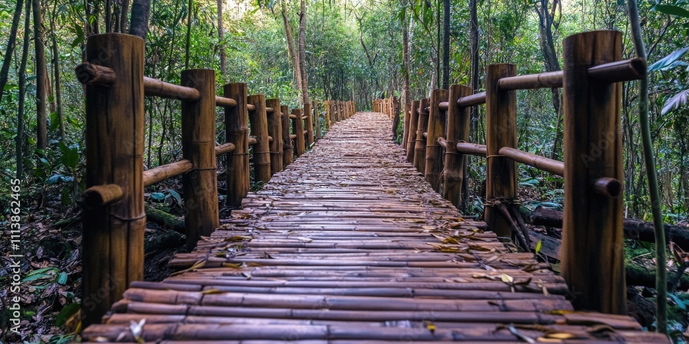 Poster wooden bridge with a path leading through the woods. the bridge is made of bamboo and has a rustic f