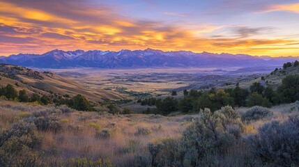 Majestic Mountain Range Sunset Over Valley Landscape