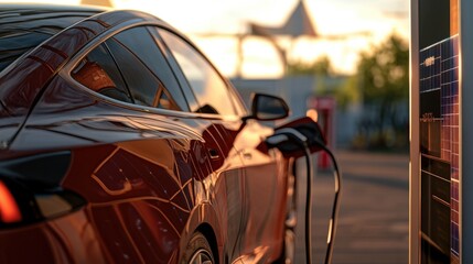 Naklejka premium Solar-powered electric cars are being charged at a station, demonstrating advances in green technology.