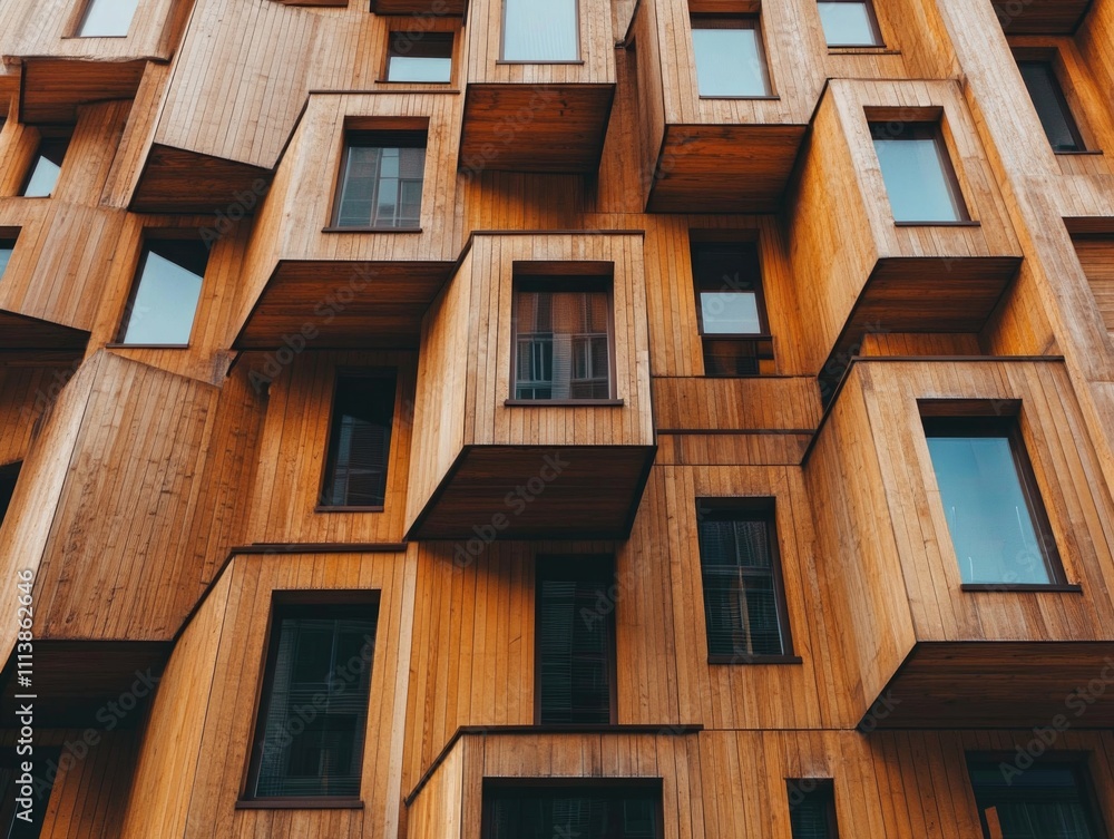 Aufkleber large building made of wood with many windows. the building has a unique design, with many windows o