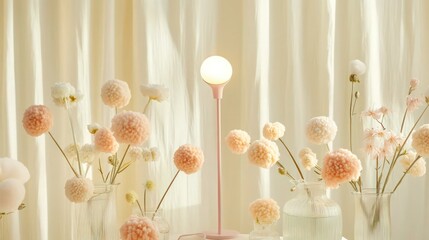 Obraz premium Elegant floral lamp with soft pink metal stem and glowing white bulb, surrounded by pastel pom-pom flowers in glass vases, against a light-colored curtain. Warm and calming scene.