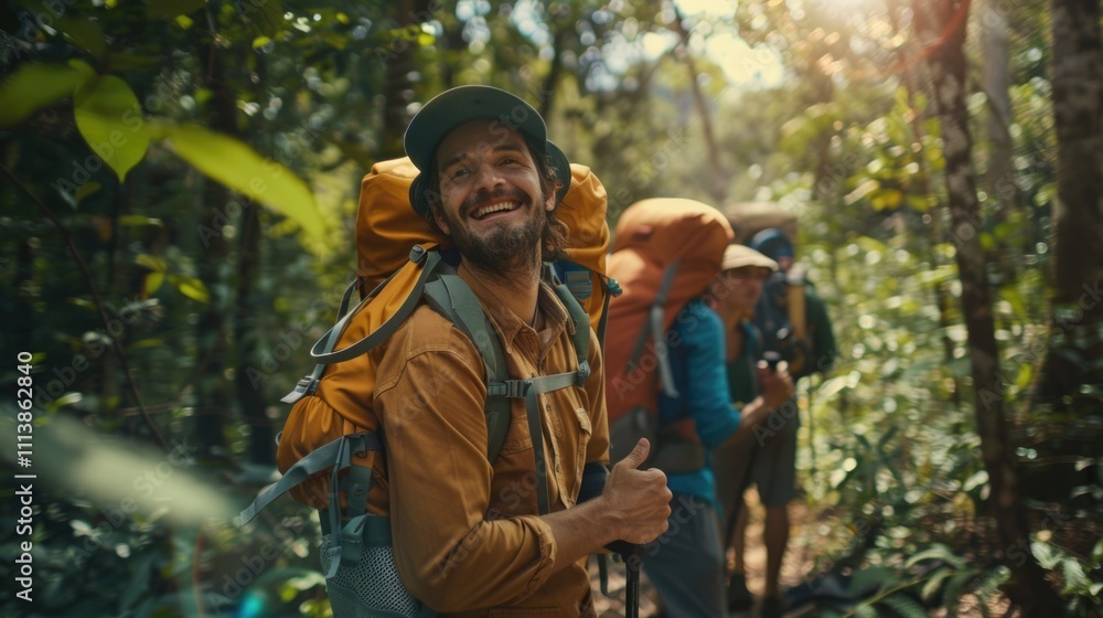 Poster man with a backpack is smiling and giving a thumbs up. he is surrounded by trees and he is enjoying 
