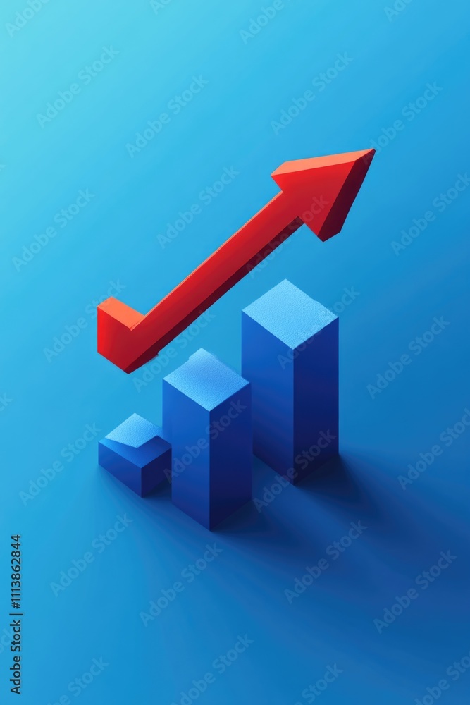 Poster blue background with a red arrow pointing upwards. the arrow is on top of three blue cubes