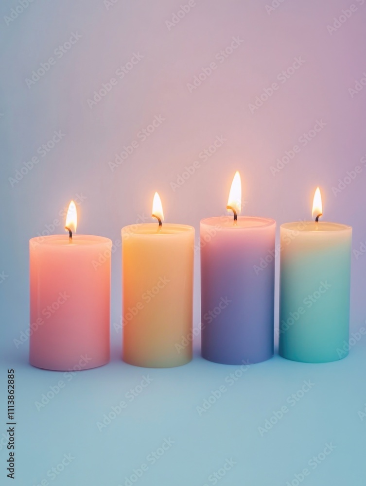 Poster row of four candles with different colors and sizes. the candles are lit and are placed on a blue ba
