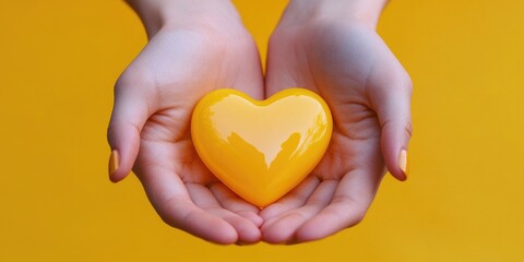 Fototapeta premium Woman is holding a yellow heart in her hands. The heart is placed between her fingers, and she is holding it up to the camera. Concept of warmth, love, and care