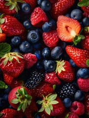 Obraz premium Close up of a bunch of strawberries and blueberries. The strawberries are red and the blueberries are blue