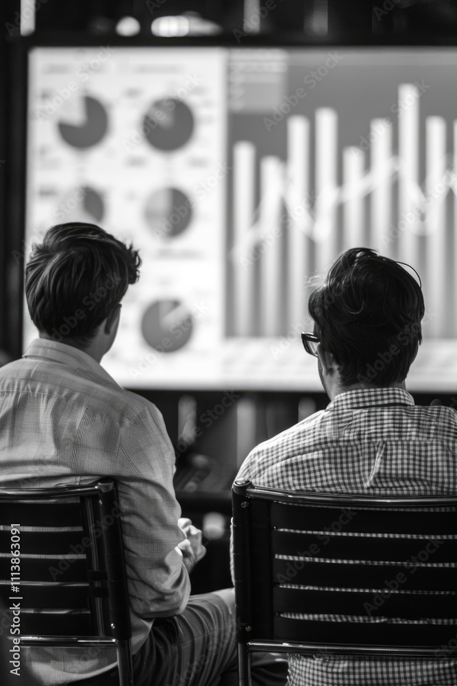Poster two men are sitting in chairs in front of a large screen with graphs and charts. they are looking at