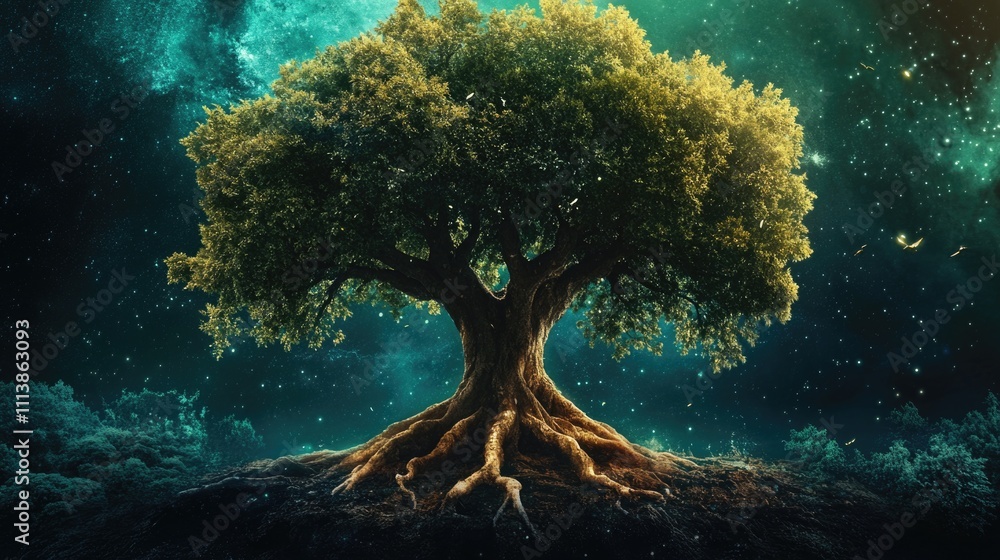 Poster large tree with roots that are visible in the foreground. the tree is surrounded by a dark sky with 