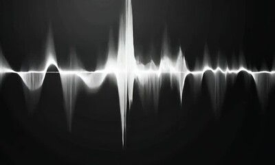 Abstract representation of sound waves with a dark background and dynamic light effects.