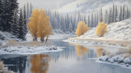 beautiful winter atmosphere professional advertising photography, Fantastic winter landscape with alpine lake and snow-capped mountains, snow scenes in winter hd photo wallpapers capture the beauty 
