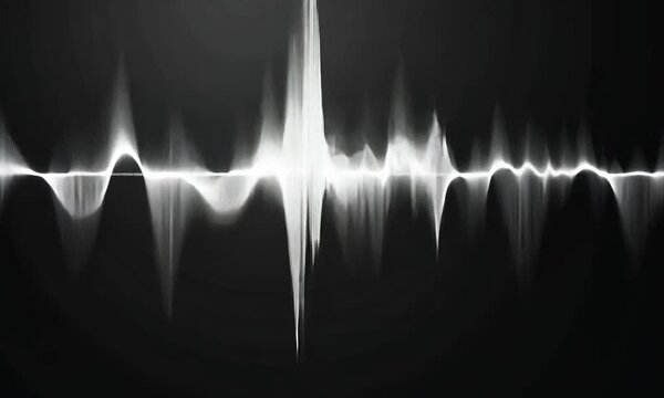 Abstract representation of sound waves with a dark background and dynamic light effects.