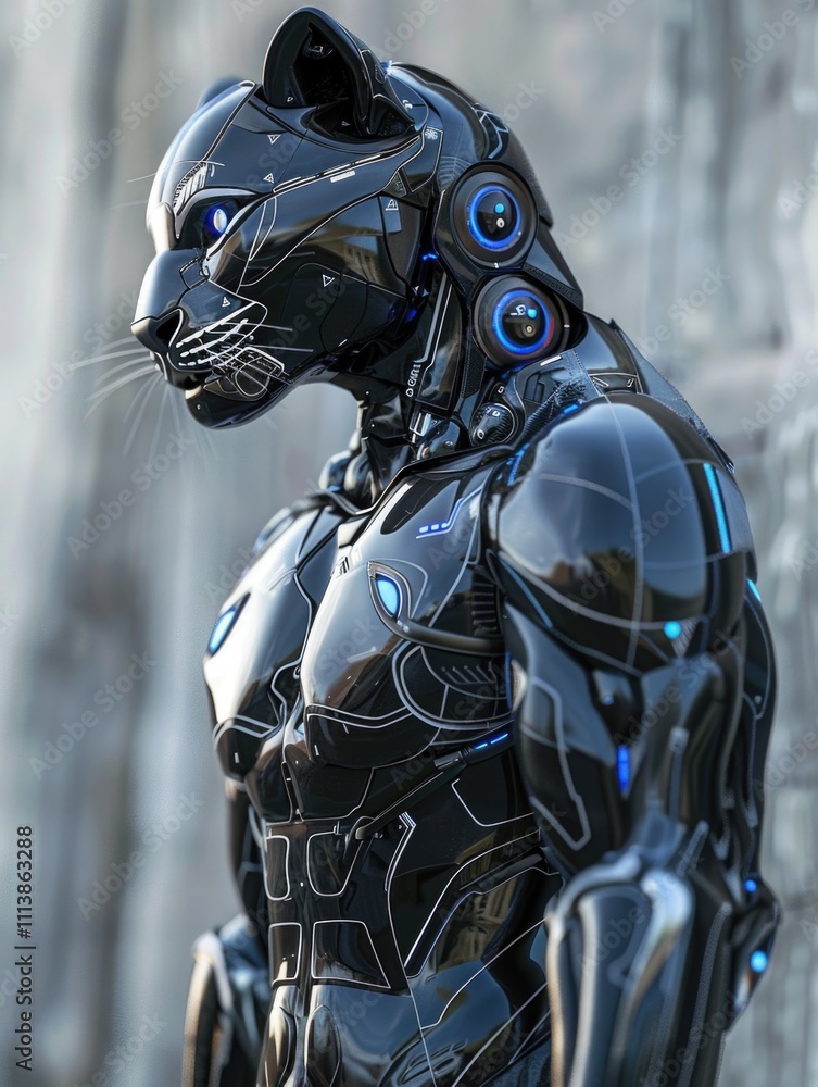 Poster robot cat with blue eyes stands in front of a wall. the robot cat is wearing a black suit and has a 