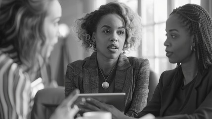 Three women are sitting around a table, one of them holding a tablet. They are engaged in a conversation, possibly discussing work or other topics. Scene is professional and collaborative