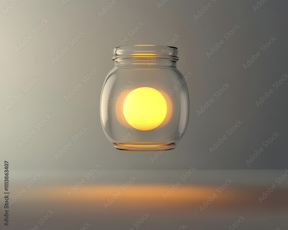 Poster a glowing sphere inside a transparent jar, creating an ethereal and surreal effect.