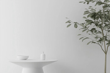 White Interior with Plant in Round Vase and Blank Space for Product Presentation