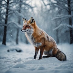 Fototapeta premium A crystal fox in a magical snow-covered landscape.