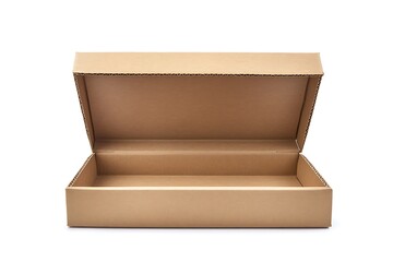 Cardboard box open flaps empty interior brown corrugated material clean edges simple design