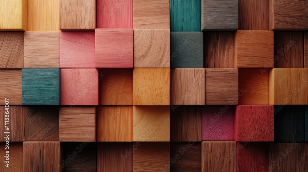 Poster an impressive display of colorful wooden cubes arranged in rows, presenting a modern abstract design