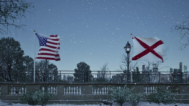 Nevicata con bandiera Stati Uniti ed Alabama con sfondo di un parapetto storico