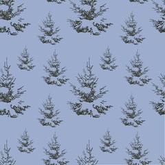 seamless texture winter Christmas tree dark green sketch on blue background