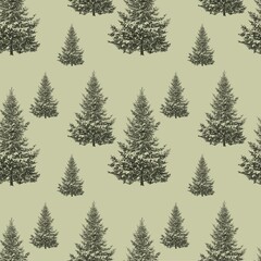 Obraz premium winter Christmas tree dark green sketch on green background seamless texture