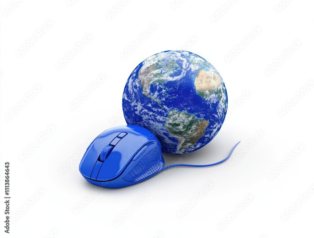 Poster blue computer mouse next to a 3d earth globe, symbolizing global internet connectivity.