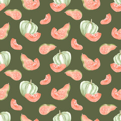 Hand drawn watercolor autumn pumpkins with pieces seamless pattern isolated on green background. Rural illustration Can be used for textile, fabric, scrapbook and other printed products.