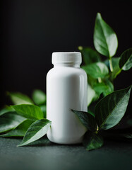 White supplement bottle and green leaves. Health and medicine concept. Mock-up.
