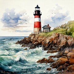 Watercolor illustration of an old lighthouse on a rocky shore, with waves crashing below.