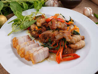 Stir-fried pork belly with basil food menu Asian food style