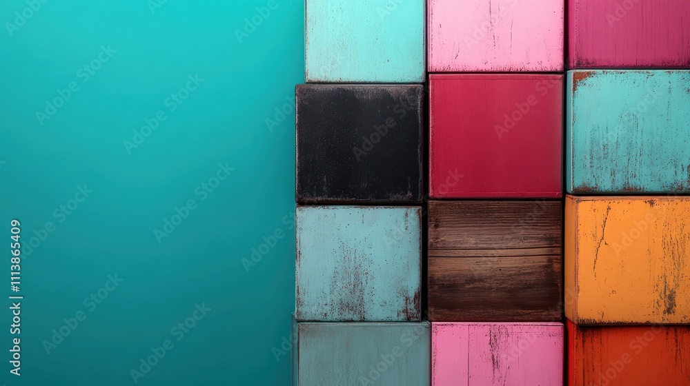 Aufkleber a striking arrangement of rustic, stacked cubes in vibrant colors and patterns, set against a gradie